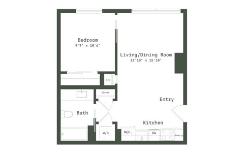 Floor plan for 1 bed, 1 bath, 578 sqft